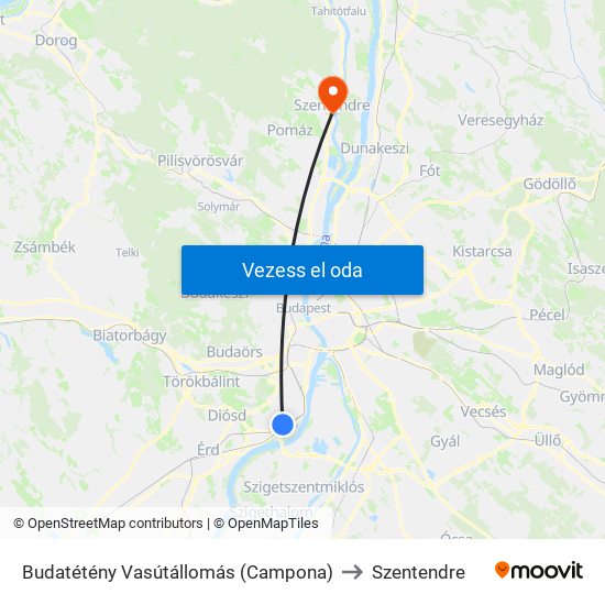 Budatétény Vasútállomás (Campona) to Szentendre map