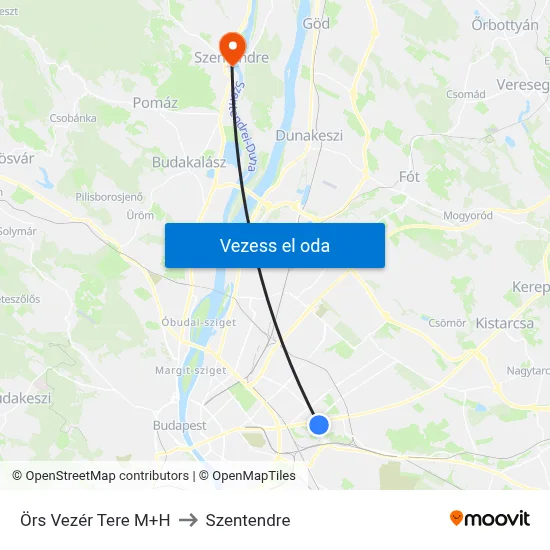 Örs Vezér Tere M+H to Szentendre map
