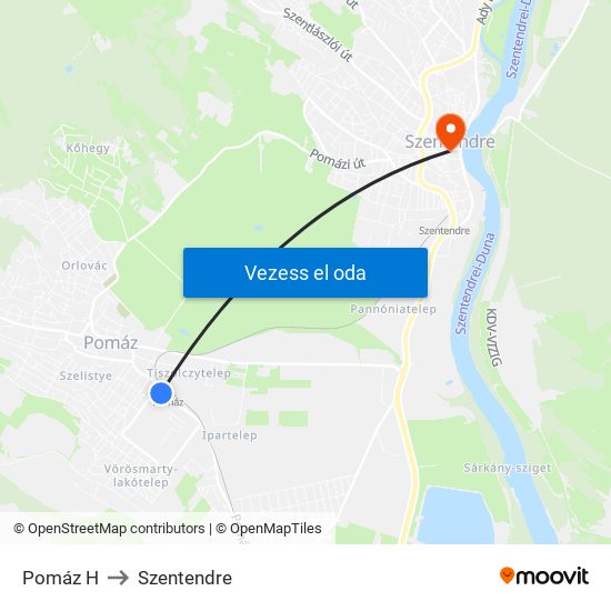 Pomáz H to Szentendre map