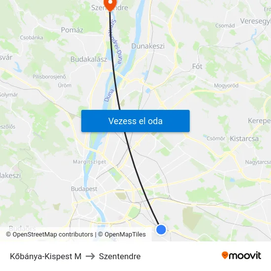 Kőbánya-Kispest M to Szentendre map