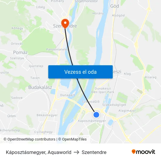 Káposztásmegyer, Aquaworld to Szentendre map