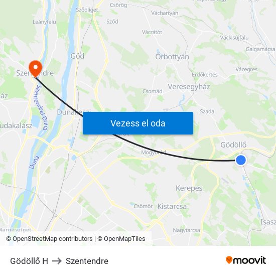 Gödöllő H to Szentendre map