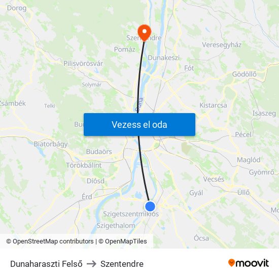 Dunaharaszti Felső to Szentendre map