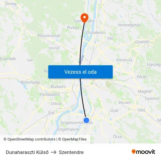 Dunaharaszti Külső to Szentendre map