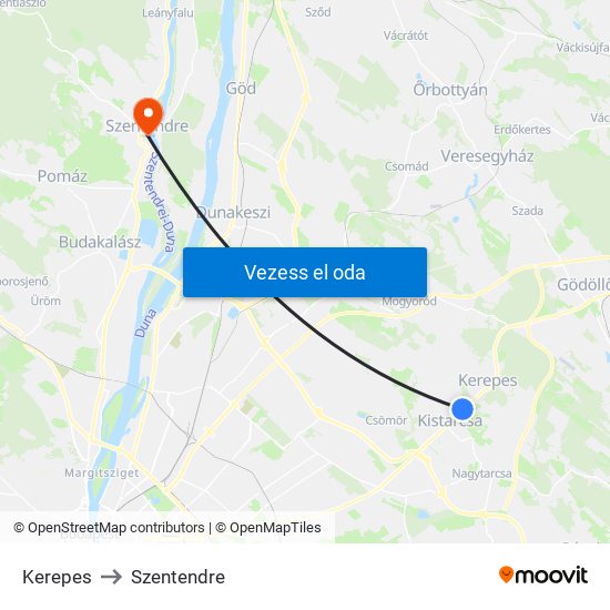Kerepes to Szentendre map