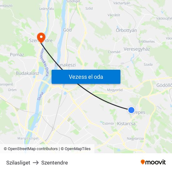 Szilasliget to Szentendre map