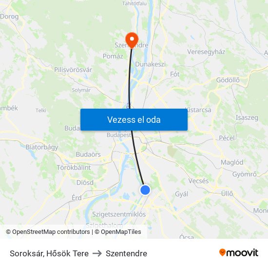 Soroksár, Hősök Tere to Szentendre map