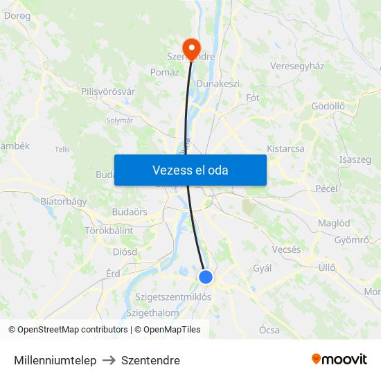 Millenniumtelep to Szentendre map