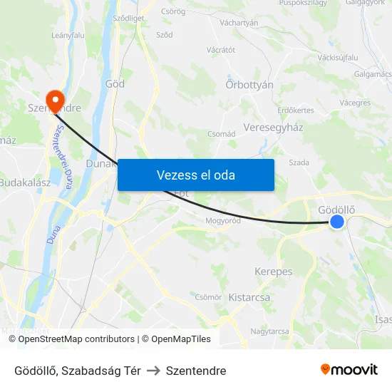 Gödöllő, Szabadság Tér to Szentendre map