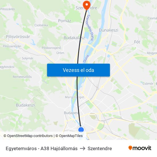 Egyetemváros - A38 Hajóállomás to Szentendre map