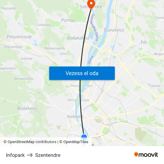 Infopark to Szentendre map