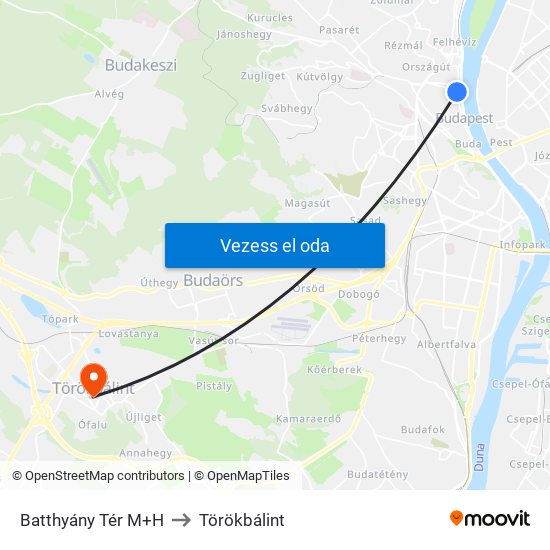 Batthyány Tér M+H to Törökbálint map