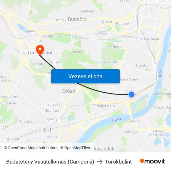 Budatétény Vasútállomás (Campona) to Törökbálint map