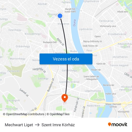 Mechwart Liget to Szent Imre Kórház map
