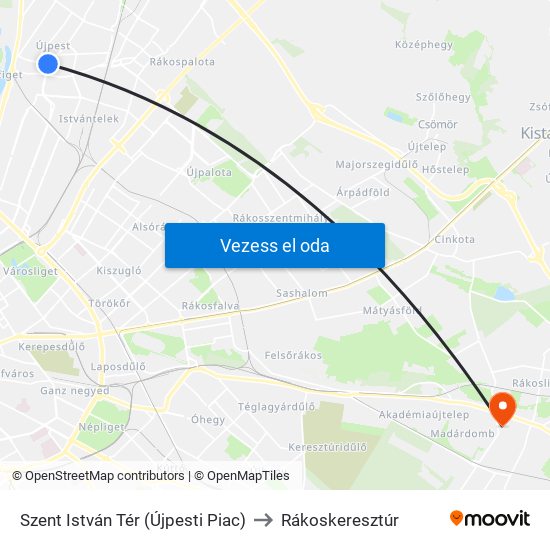 Szent István Tér (Újpesti Piac) to Rákoskeresztúr map