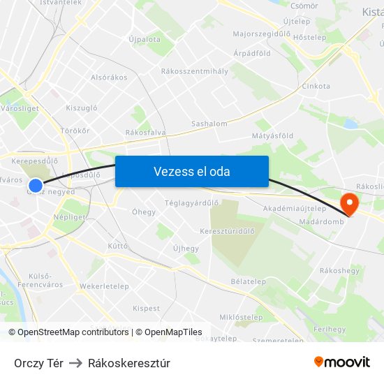 Orczy Tér to Rákoskeresztúr map