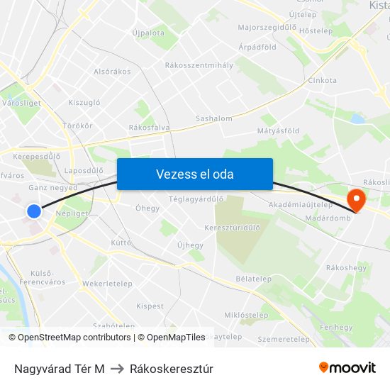 Nagyvárad Tér M to Rákoskeresztúr map