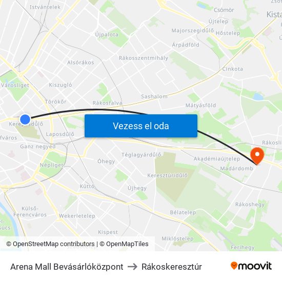 Arena Mall Bevásárlóközpont to Rákoskeresztúr map