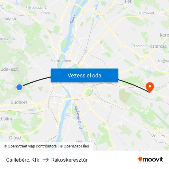 Csillebérc, Kfki to Rákoskeresztúr map