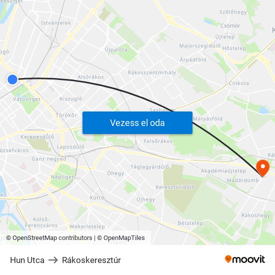 Hun Utca to Rákoskeresztúr map