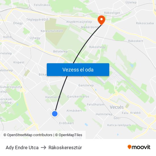 Ady Endre Utca to Rákoskeresztúr map