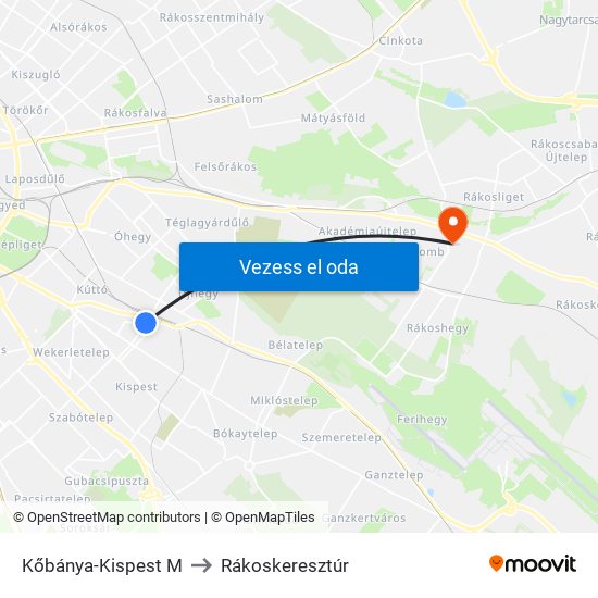 Kőbánya-Kispest M to Rákoskeresztúr map
