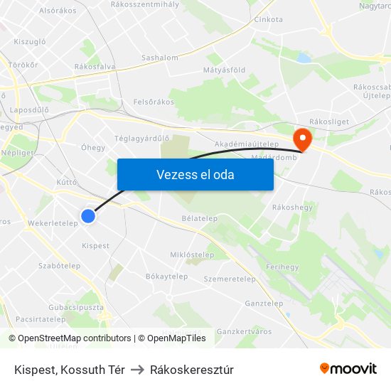 Kispest, Kossuth Tér to Rákoskeresztúr map