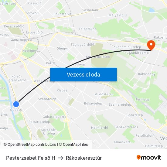 Pesterzsébet Felső H to Rákoskeresztúr map