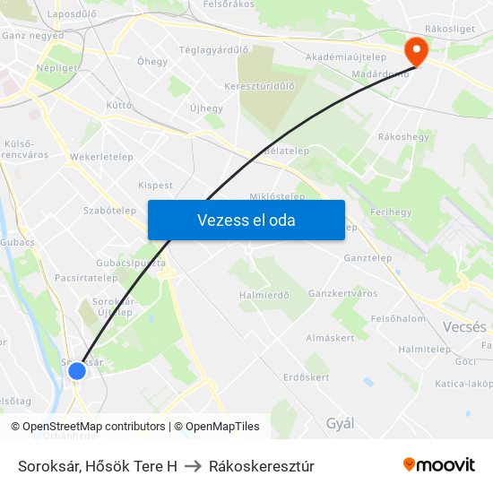 Soroksár, Hősök Tere H to Rákoskeresztúr map