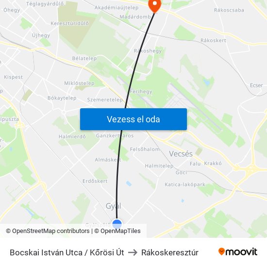 Bocskai István Utca / Kőrösi Út to Rákoskeresztúr map