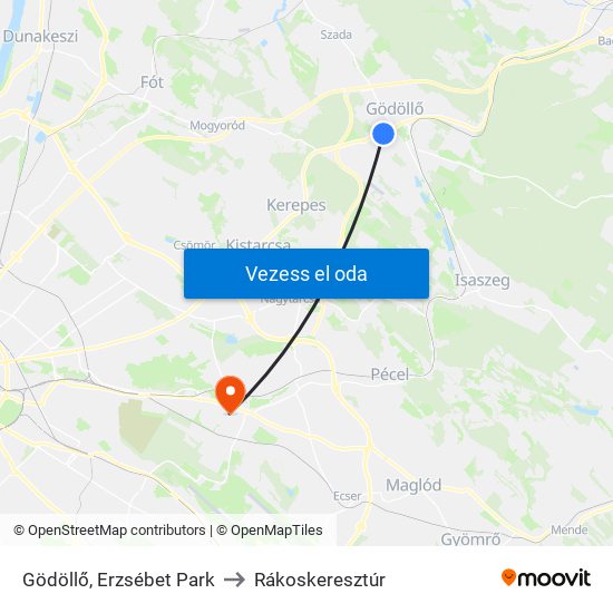 Gödöllő, Erzsébet Park to Rákoskeresztúr map