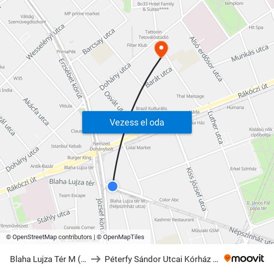 Blaha Lujza Tér M (Népszínház Utca) to Péterfy Sándor Utcai Kórház Szövetség Utcai Részlege map