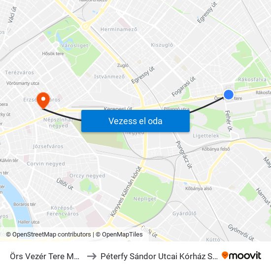 Örs Vezér Tere M+H (Kerepesi Út) to Péterfy Sándor Utcai Kórház Szövetség Utcai Részlege map