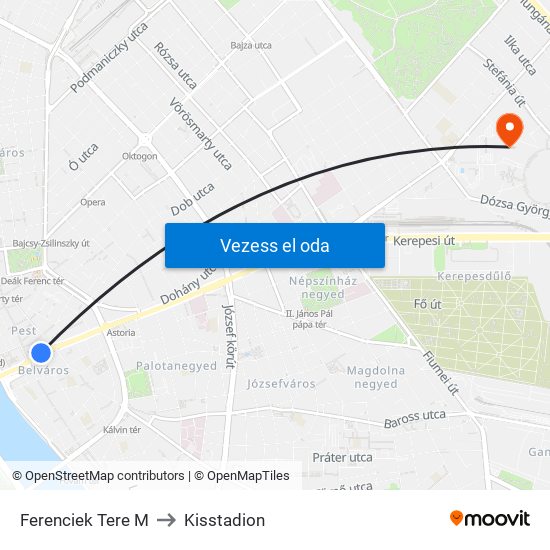 Ferenciek Tere M to Kisstadion map
