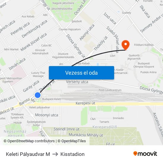 Keleti Pályaudvar M to Kisstadion map