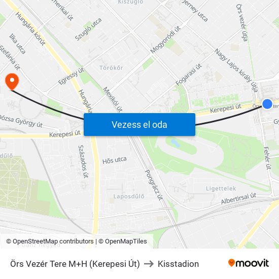 Örs Vezér Tere M+H (Kerepesi Út) to Kisstadion map