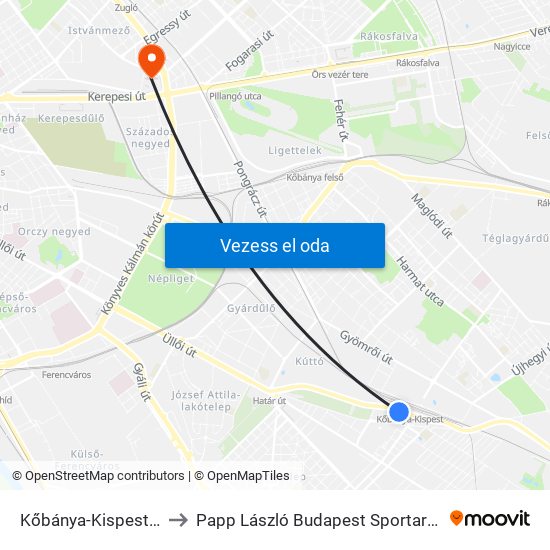 Kőbánya-Kispest M to Papp László Budapest Sportaréna map