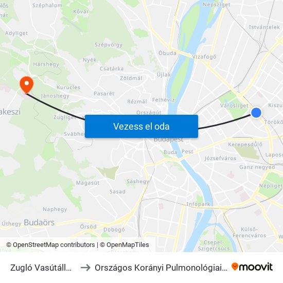 Zugló Vasútállomás to Országos Korányi Pulmonológiai Intézet map