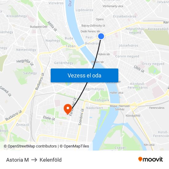 Astoria M to Kelenföld map