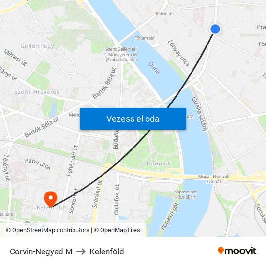 Corvin-Negyed M to Kelenföld map