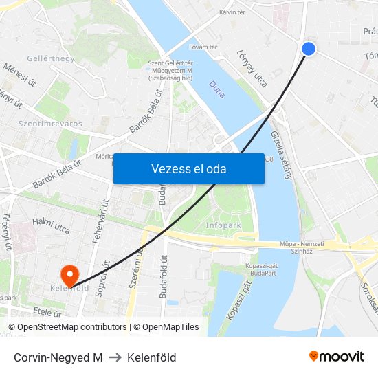 Corvin-Negyed M to Kelenföld map