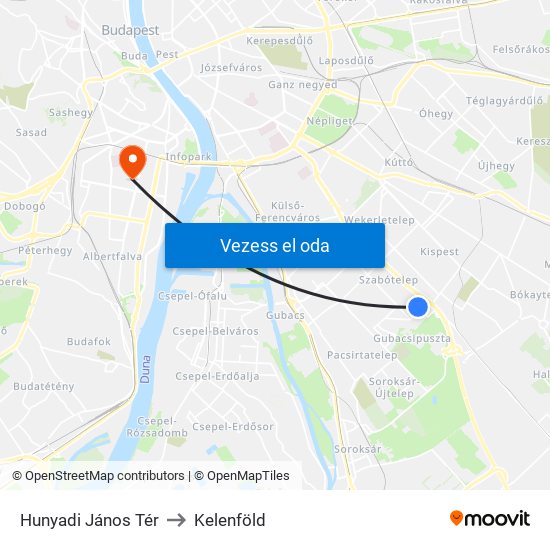 Hunyadi János Tér to Kelenföld map