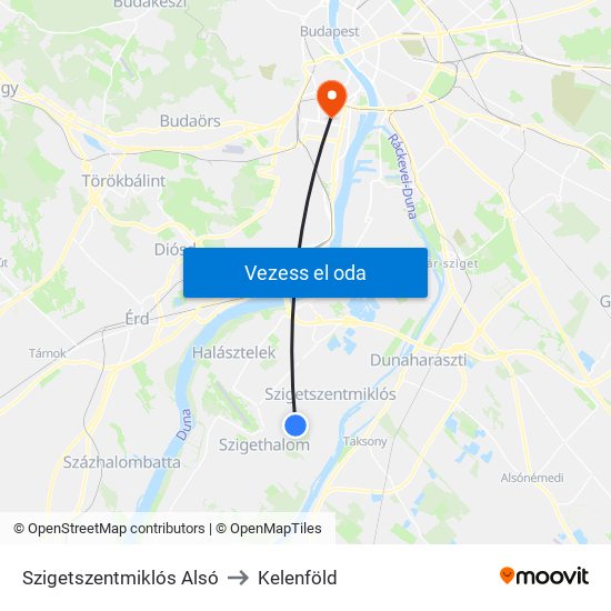 Szigetszentmiklós Alsó to Kelenföld map