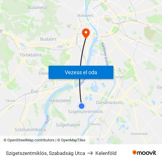 Szigetszentmiklós, Szabadság Utca to Kelenföld map