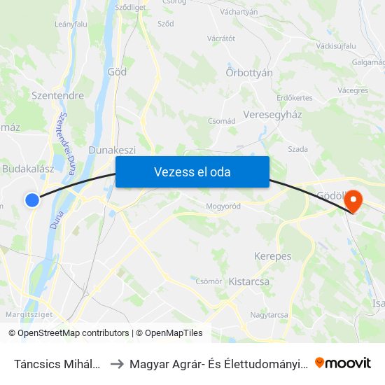Táncsics Mihály Utca to Magyar Agrár- És Élettudományi Egyetem map