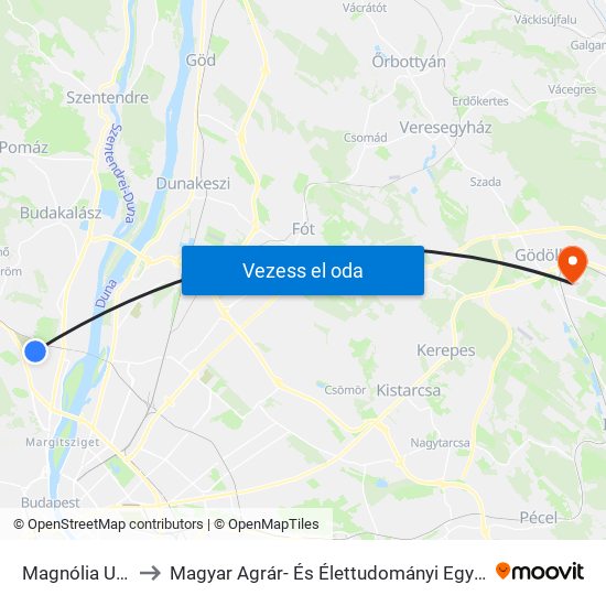 Magnólia Utca to Magyar Agrár- És Élettudományi Egyetem map