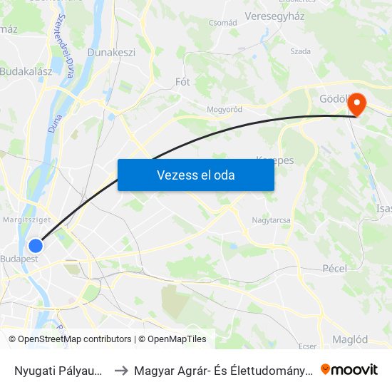 Nyugati Pályaudvar M to Magyar Agrár- És Élettudományi Egyetem map