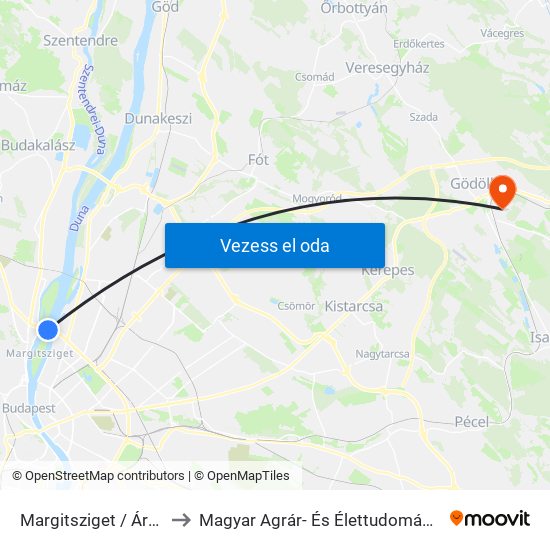 Margitsziget / Árpád Híd to Magyar Agrár- És Élettudományi Egyetem map