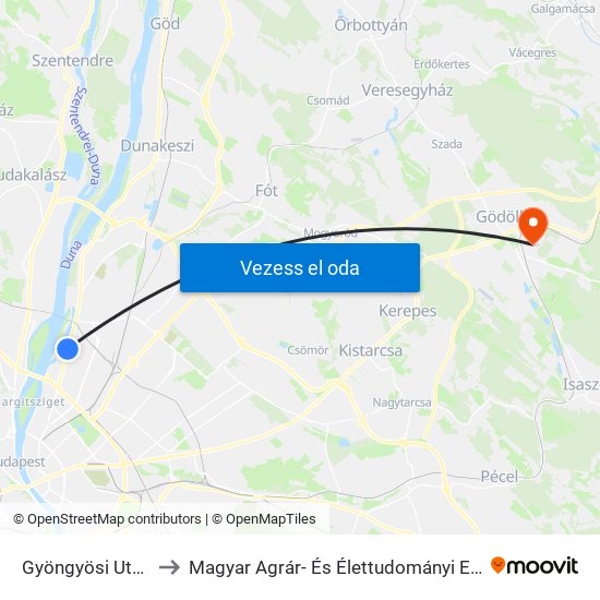 Gyöngyösi Utca M to Magyar Agrár- És Élettudományi Egyetem map