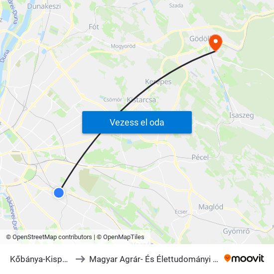 Kőbánya-Kispest M to Magyar Agrár- És Élettudományi Egyetem map